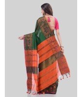 DESH BIDESH Women`s Tant Cotton Silk Handloom Cotton Saree Pushpomala With Blouse Piece(Green Orange)